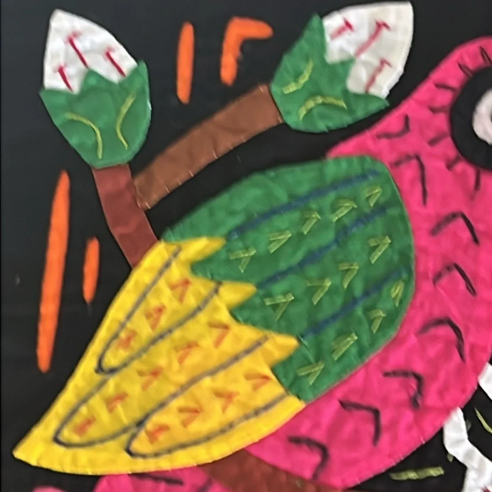 Vintage Mola Colorful Parrot Made in Panama Black Pink Yellow Green